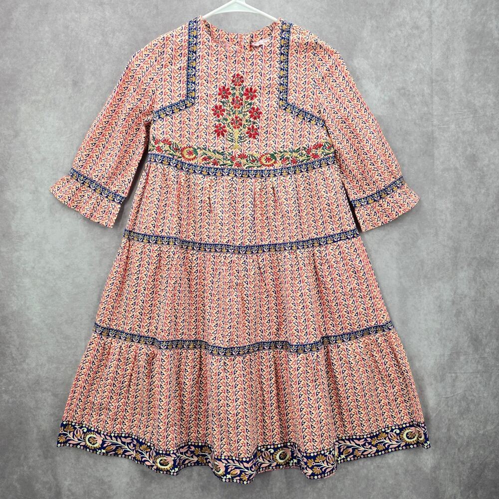 Yellow Pink‎ Blue Long Sleeve Flare Floral Print Embroidered Cotton Dress 10